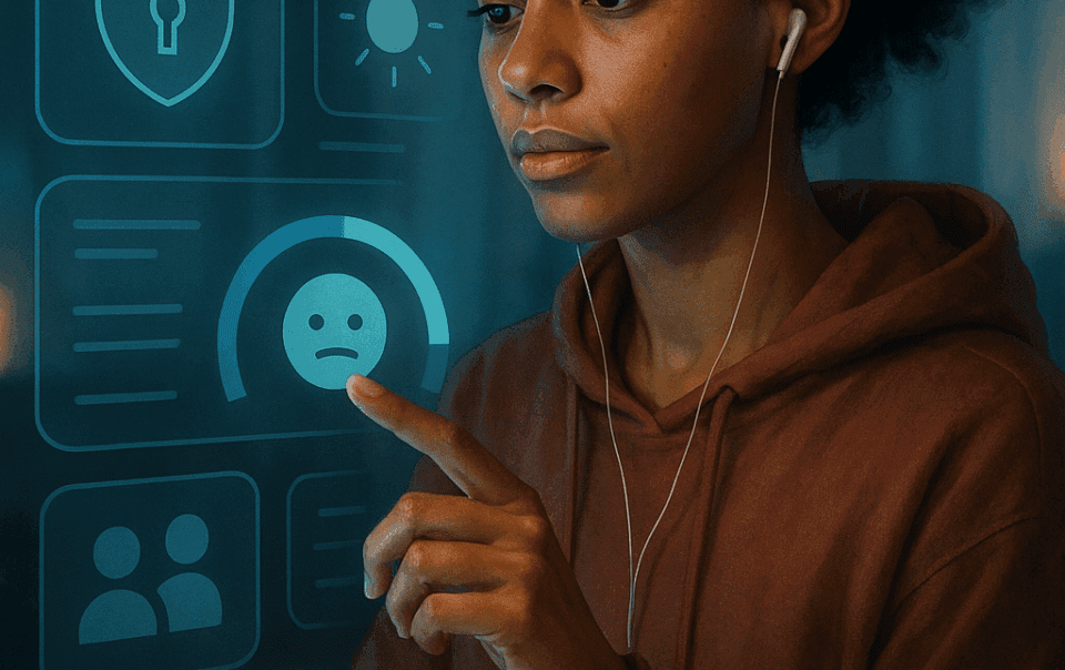 Woman interacting with a digital emotional interface displaying icons for mood, privacy, and user data—illustrating AI-driven, human-centered design.