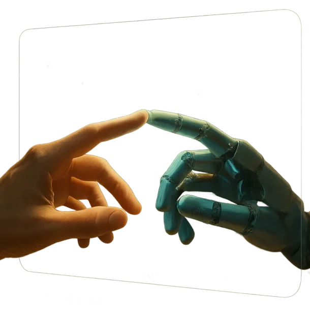 Illustration of a human hand connecting with robotic fingers symbolizing responsible AI adoption and human-tech synergy.
